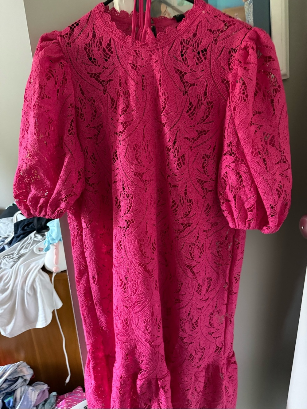 NWT Women's Fuchsia Lace Midi Dress - Puff Sleeve. Size 14.